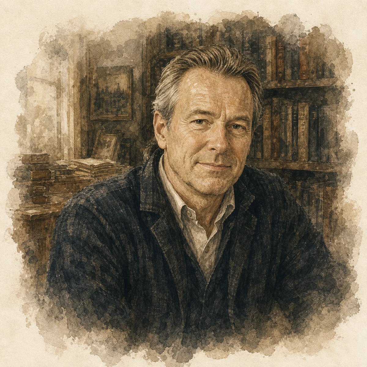 Watercolour portrait of C. M. Zangenberg in his library