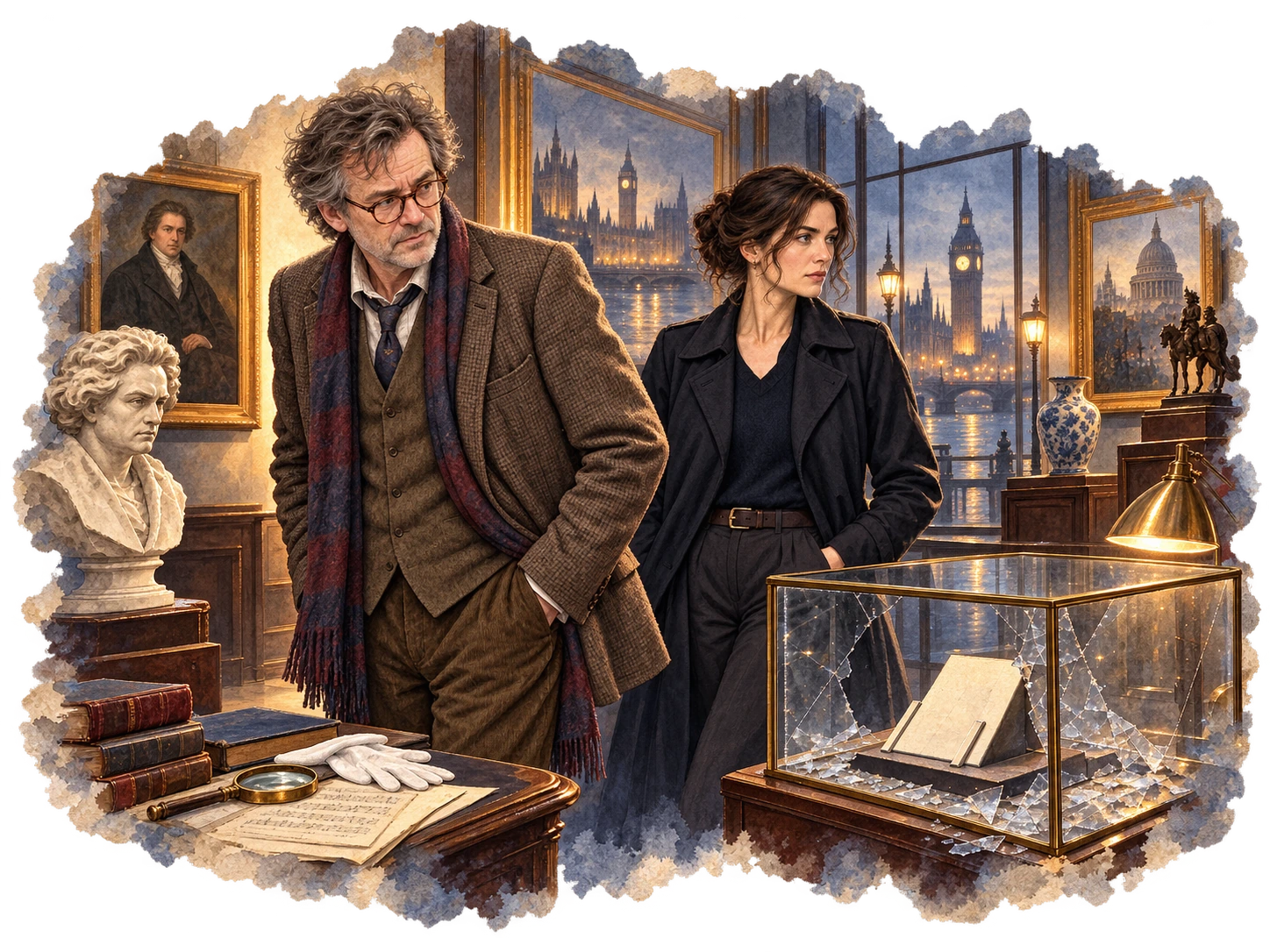 Kingsley Mills and Detective Sergeant Marnie Morrison investigating a shattered display case in a London gallery