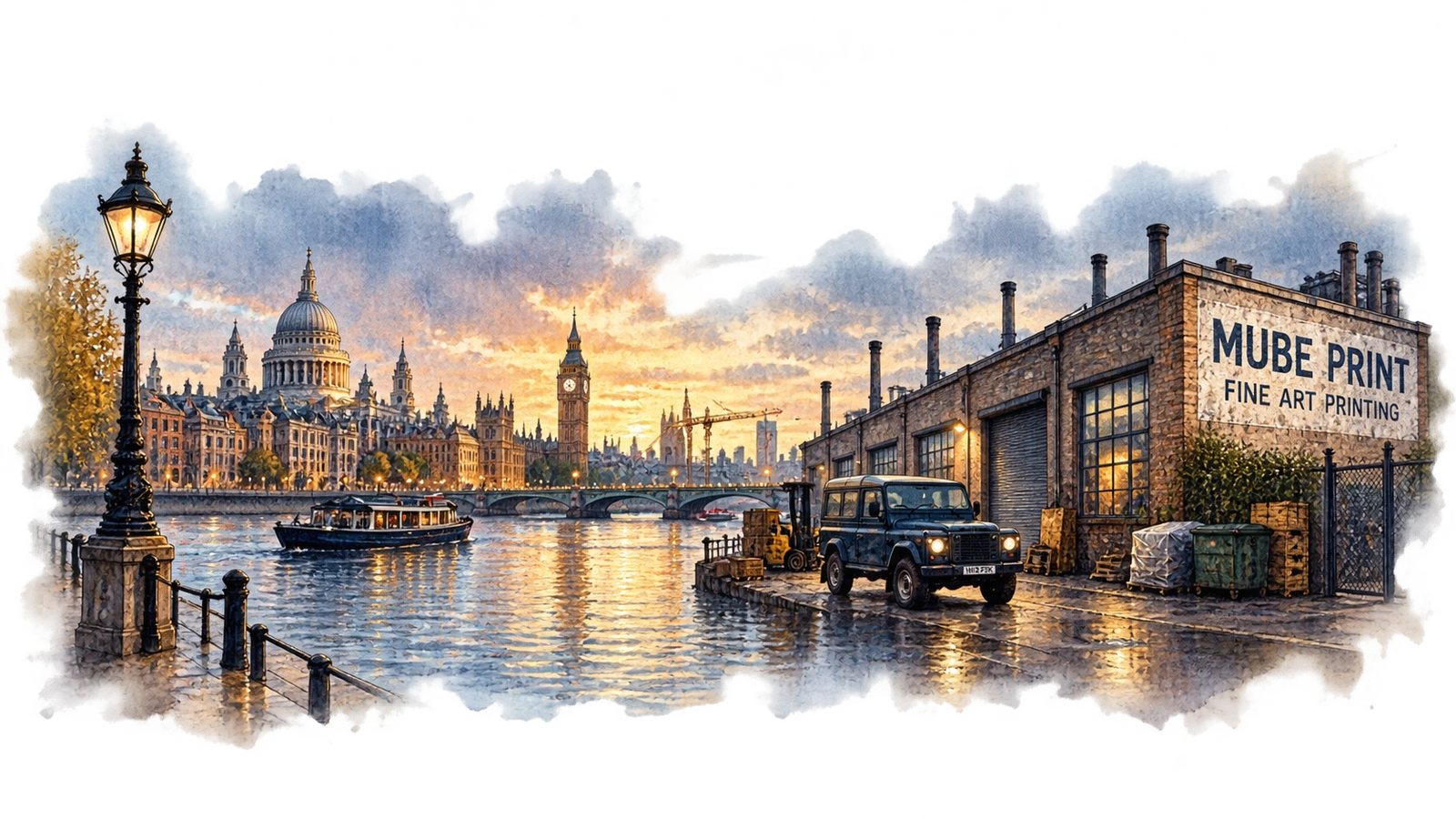 A riverside London print workshop at dusk