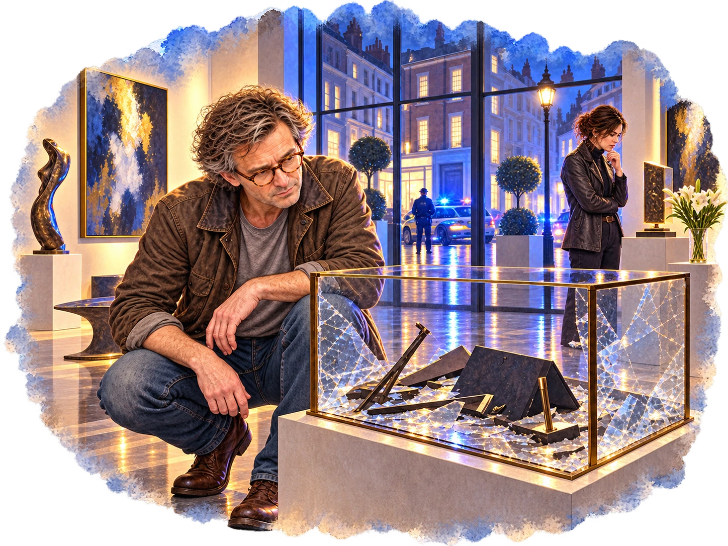 Kingsley Mills and Detective Sergeant Marnie Morrison beside a shattered display case in a London gallery